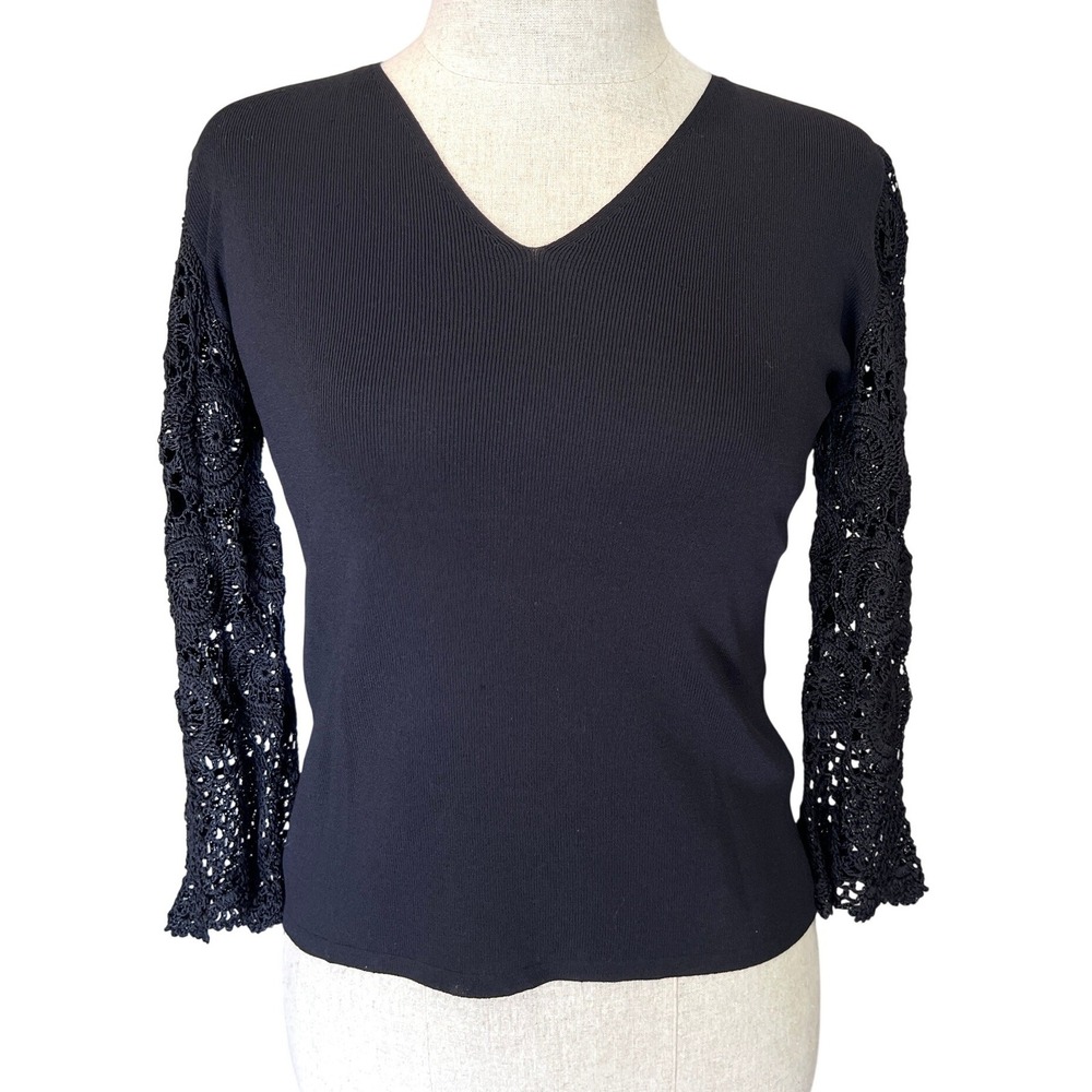 J.A.C. Black Crochet Lace Sleeve Sweater Small Whimsigoth Y2K Ribbed Goth Boho